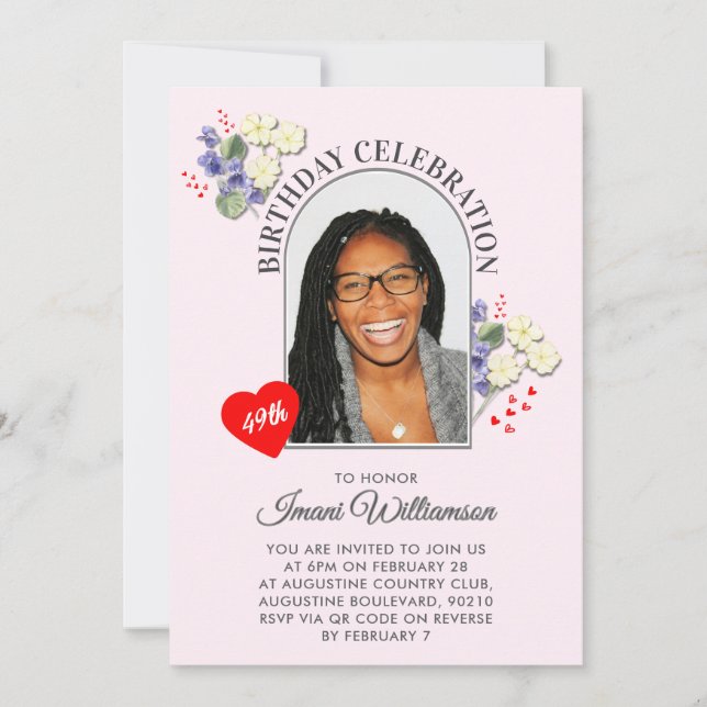 Elegant Floral ANY AGE Photo Birthday Invitation (Devant)