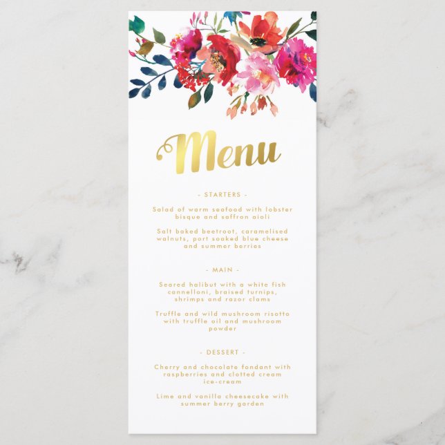 Elégant Floral Aquarelle Blanc or Mariage Menu (Devant)