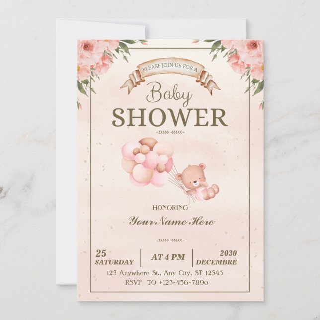 Elégant Floral Baby shower Girl Invitation (Devant)