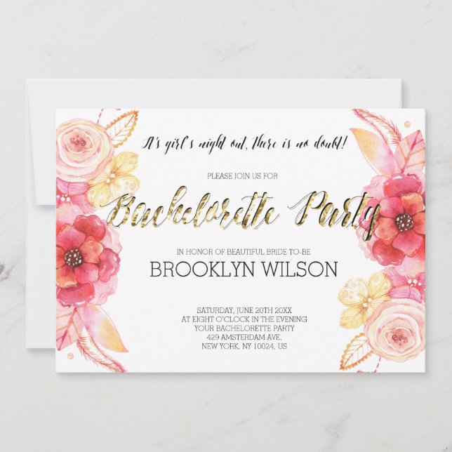 Élégant Floral Bachelorette Party Invitation Gold  (Devant)