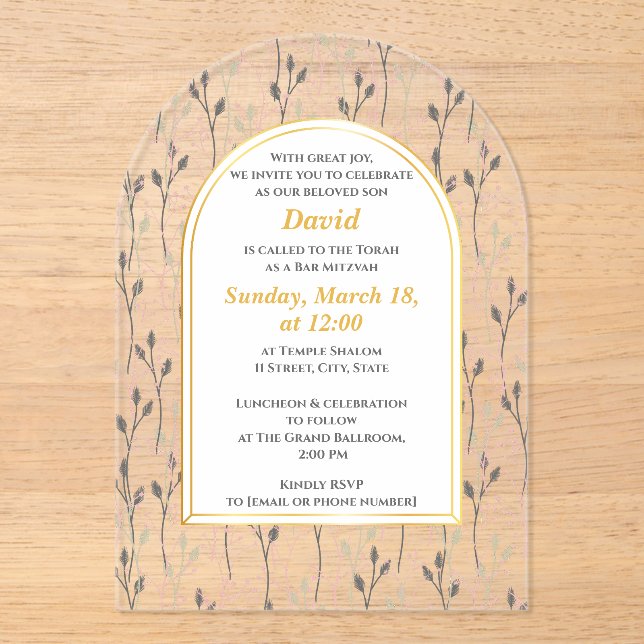 Elégant Floral Bar Mitzvah Invitation (Recto)