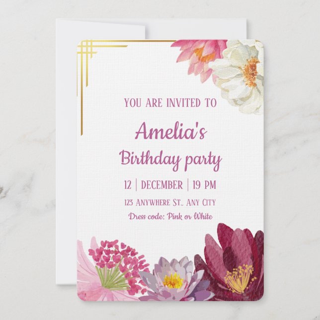 Elegant Floral Birthday Invitation with Gold Frame (Devant)