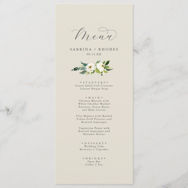 Élégant floral blanc | Menu Mariage Champagne (Devant)