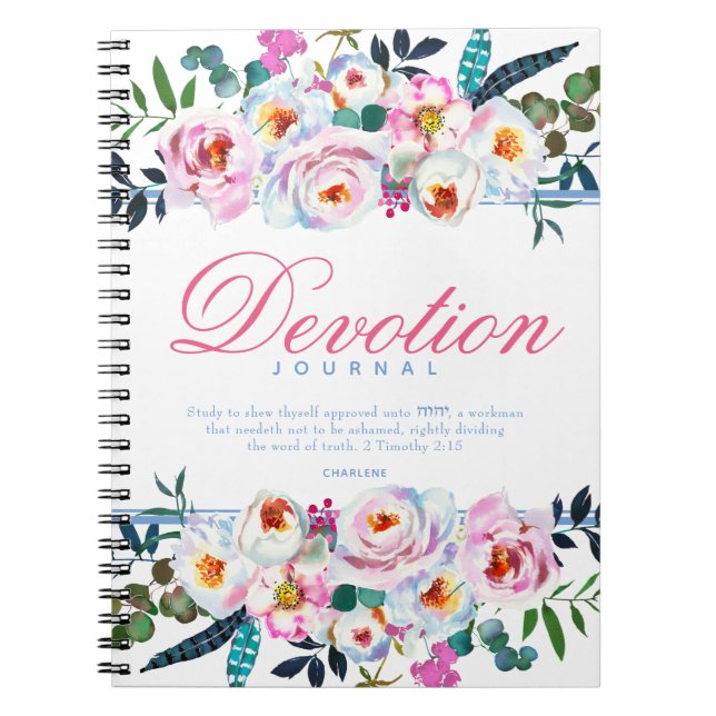 Élégant Floral Bleu Nommé Devotion Journal (Devant)