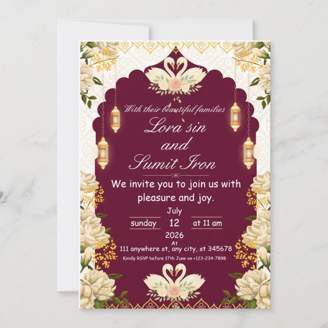 Elegant Floral Burgundy Wedding Invitation  (Devant)