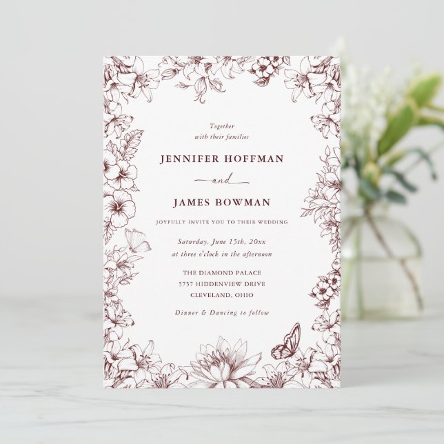 Elegant Floral Burgundy Wedding Invitation (Debout devant)