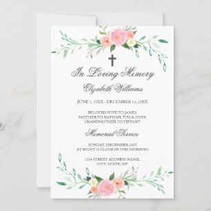 Elégant Floral Cross Memorial Service Invitation
