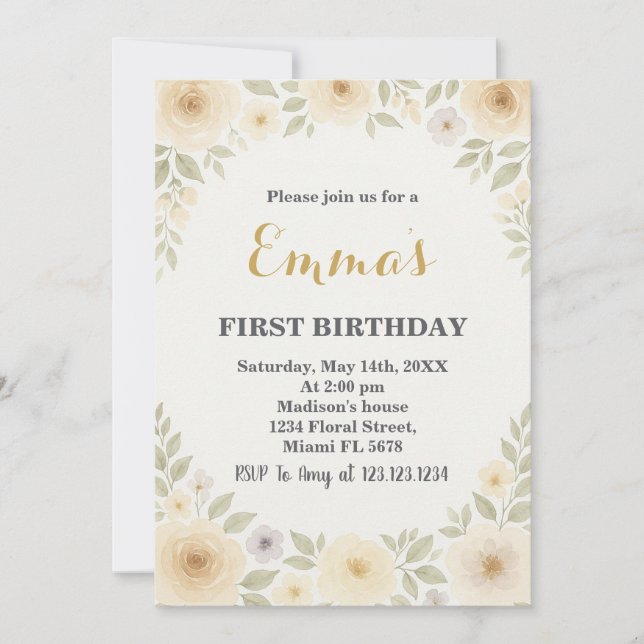 Elégant Floral First Birthday Invitation (Devant)