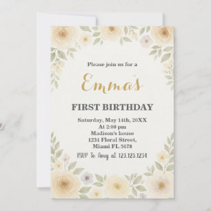 Elégant Floral First Birthday Invitation