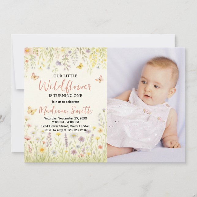 Elégant Floral First Birthday Invitation (Devant)