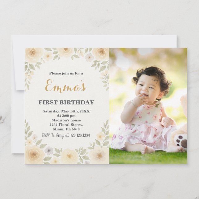 Elégant Floral First Birthday Invitation (Devant)