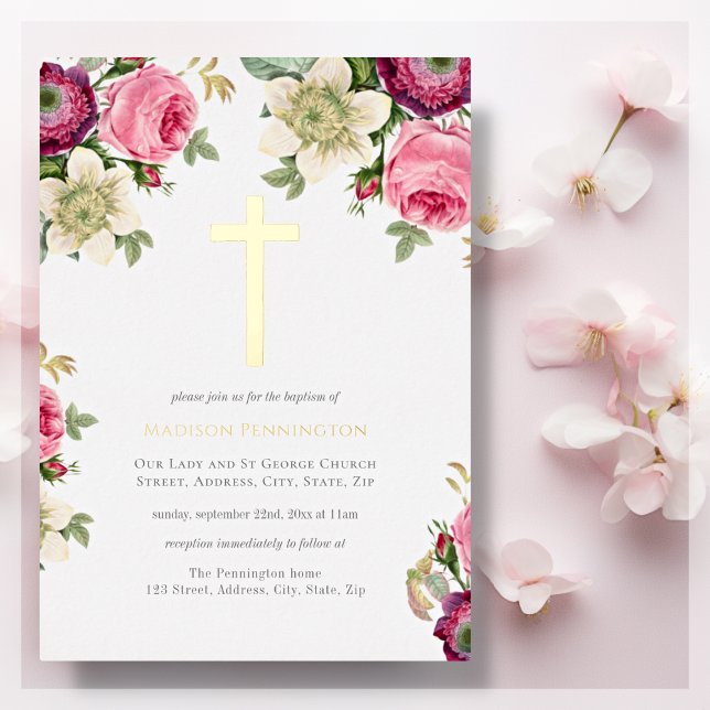 Elégant Floral Gold Cross Baptism Foil Invitation (Créateur téléchargé)