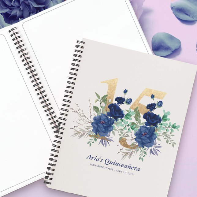 Elégant Floral Gold Numéro 15 Livre d'or bleu (Elegant Floral Mis Quince Planner or Guest Book from my Royal Rose quinceanera collection)