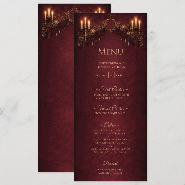 Elegant floral Gothic Halloween Wedding Menu (Devant / Derrière)