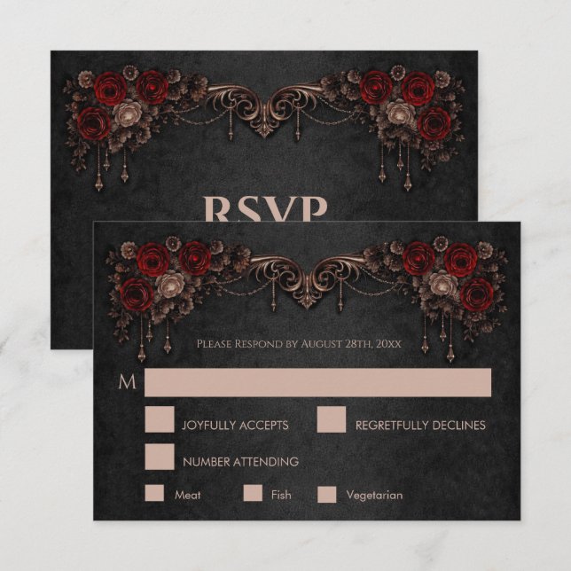 Elegant floral gothic Wedding RSVP Card (Devant / Derrière)
