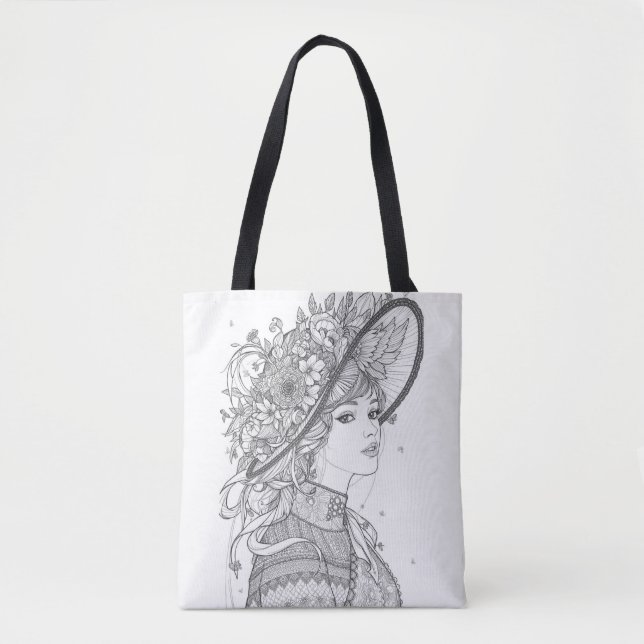 Elegant Floral Hat Lady Ink Sketch Tote Bag (Devant)