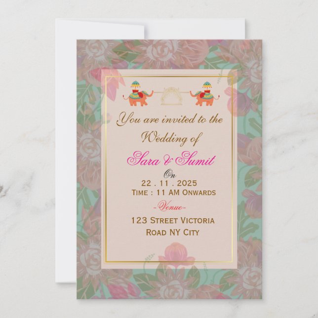 Elegant Floral Indian Wedding Invitation Card  (Devant)