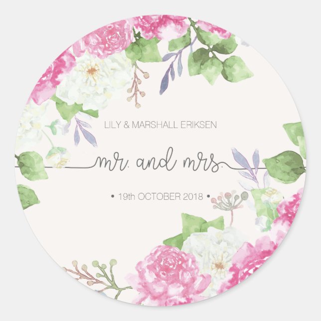 Élégant floral M & Mme Mariage | Autocollant (Devant)
