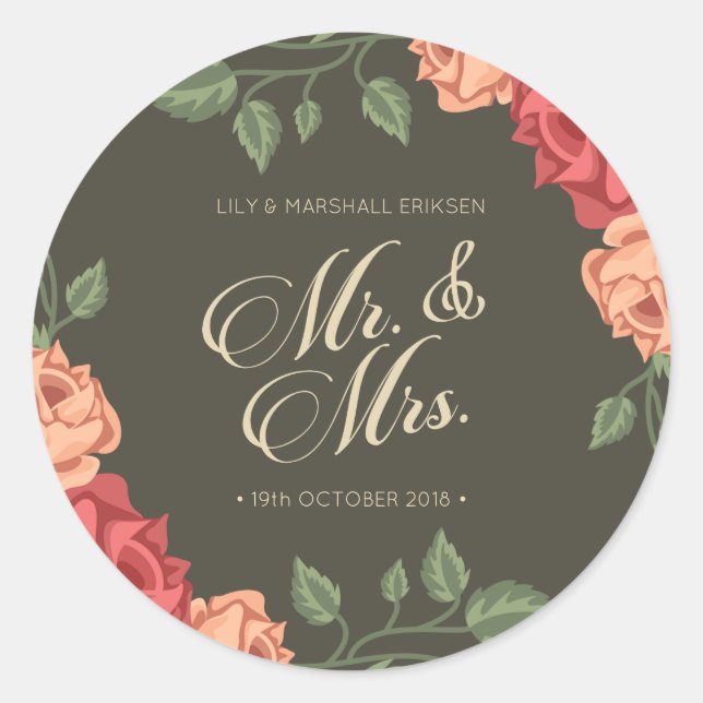 Elegant floral Mr & Mrs mariage | Autocollant (Devant)