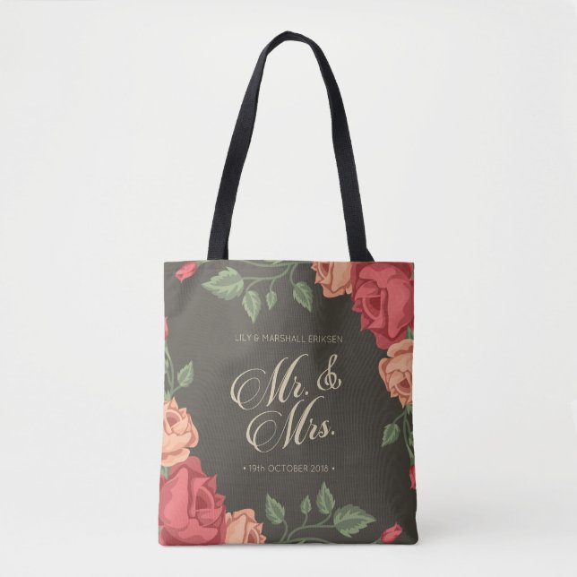 Élégant Floral Mr & Mrs Mariage | Sac fourre-tout (Devant)