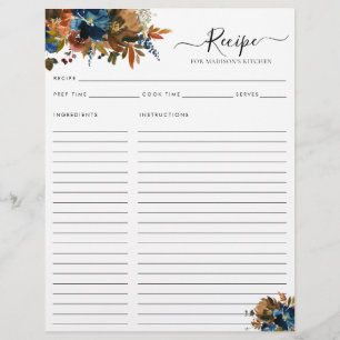 Elégant Floral Navy Blue Terracotta Cuisine Recett