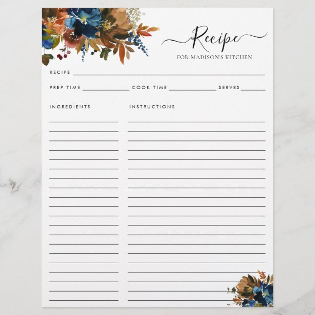 Elégant Floral Navy Blue Terracotta Cuisine Recett (Devant)