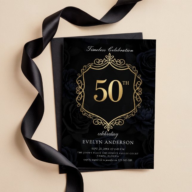 Élégant floral noir et or 50e anniversaire (Créateur téléchargé)