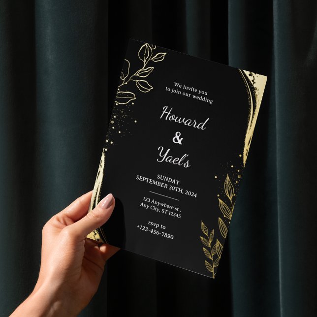 Élégant floral noir et or | Faire-part de mariage  (Créateur téléchargé)