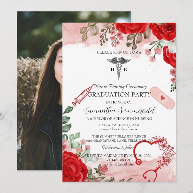 Elegant Floral Nursing Graduation Invitation | Red (Devant / Derrière)