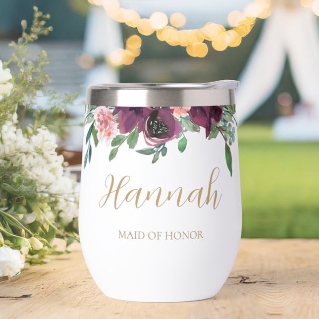 Élégant floral personnalisé femme d'honneur (Personalized Elegant Floral Maid of Honor Wine Tumbler- The perfect gift to say thank you!)
