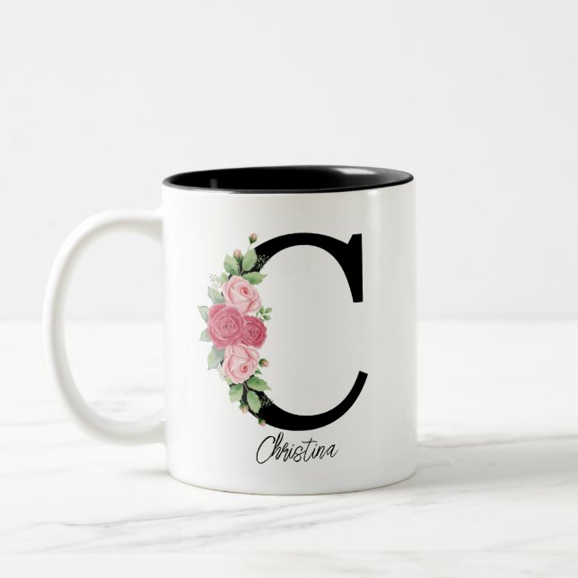 Élégant floral Personnalisé Monogramme café Mug C (Gauche)