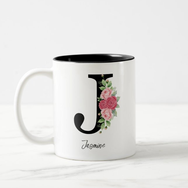 Élégant floral Personnalisé Monogramme café Mug J (Gauche)