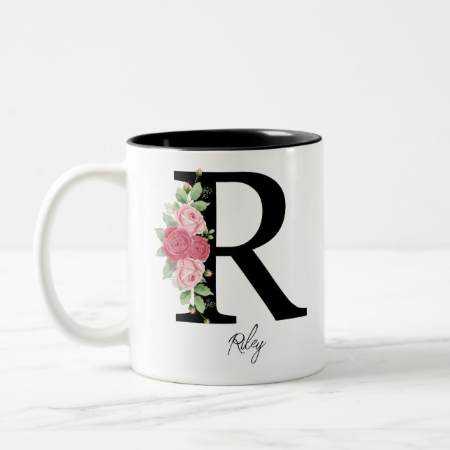 Élégant Floral Personnalisé Monogramme Café Mug R (Gauche)