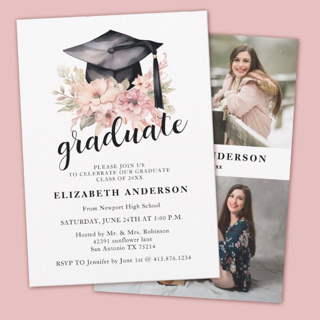 Elégant Floral Photo Graduation Party Faire-part (An elegant girls floral graduation party invitation. Personalize with your name and photos.)