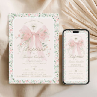 Elegant Floral Pink Bow Baptism Invitation