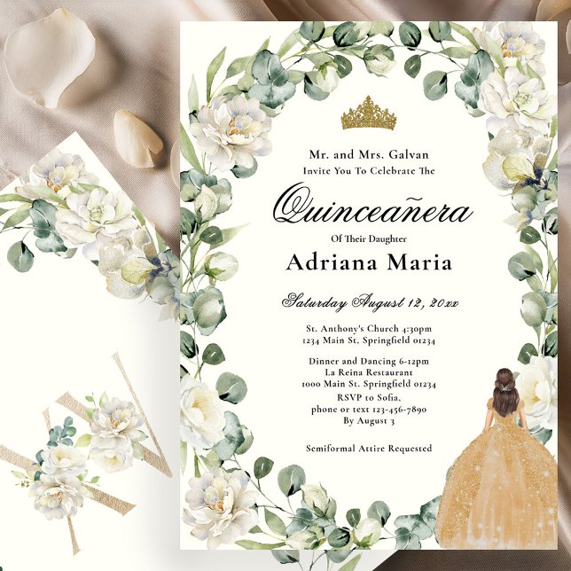 Elegant Floral Quinceanera Invitation Gold Dress (Créateur téléchargé)