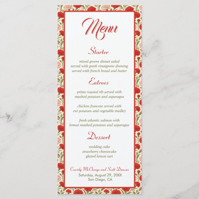 Elégant Floral Red Carnation Flowers Menu Mariage (Devant)