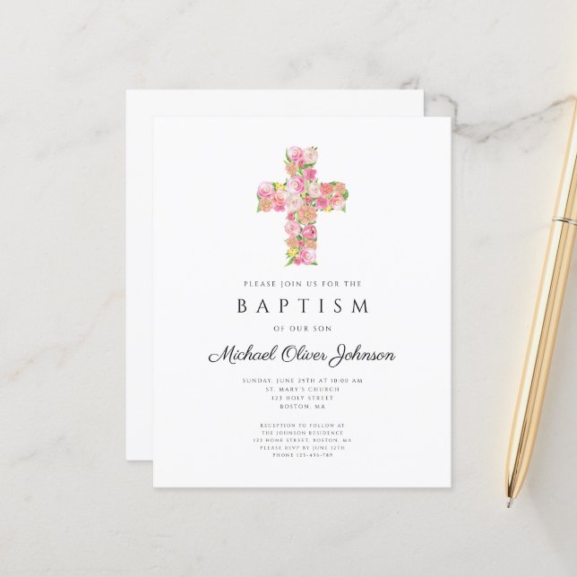 Élégant floral religieux croix rose baptême  (Devant/Arrière en situation)