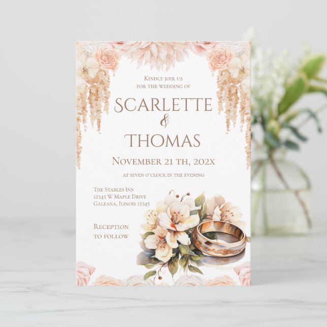 Elegant Floral Rings Wedding Invitation (Debout devant)