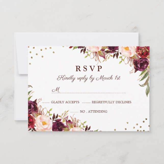 Elégant Floral RSVP Or Bourgogne (Devant)