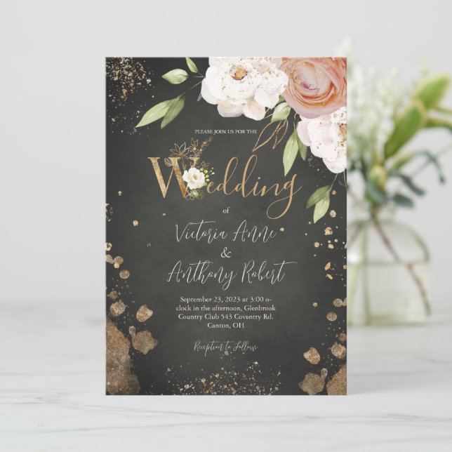 Élégant Floral Rustic Gold Faire-part de mariage (Debout devant)
