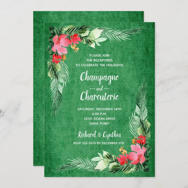 Élégant floral sur les Invitations de Noël vert (Devant / Derrière)