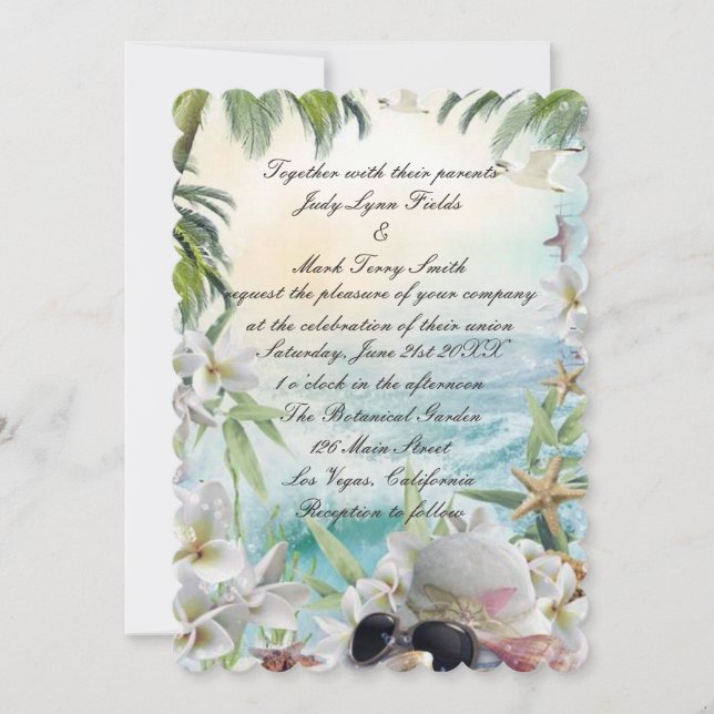 Elégant Floral Tropical Plage Mariage Invitation (Devant)