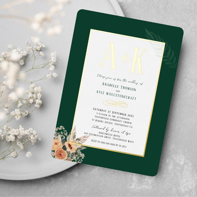 Élégant floral vert foncé 5" x 7" Foil Invitation (Créateur téléchargé)
