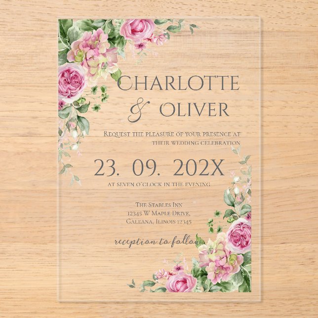 Elegant Floral Wedding Acrylic Invitation (Recto)