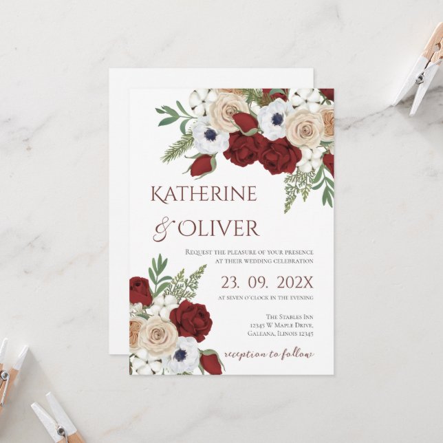 Elegant Floral Wedding Invitation (Devant/Arrière en situation)