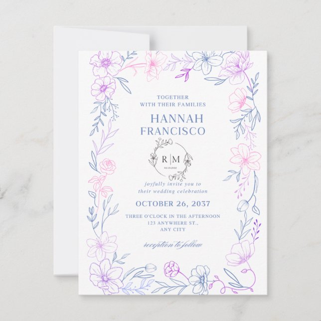 : Elegant Floral Wedding Invitation Card Blue  (Devant)