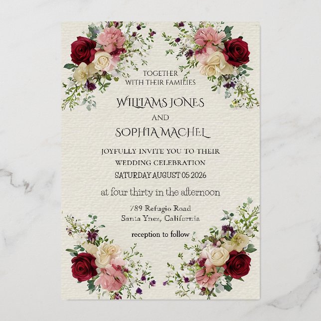 Elegant Floral Wedding Invitation & Timeline Card  (Recto)