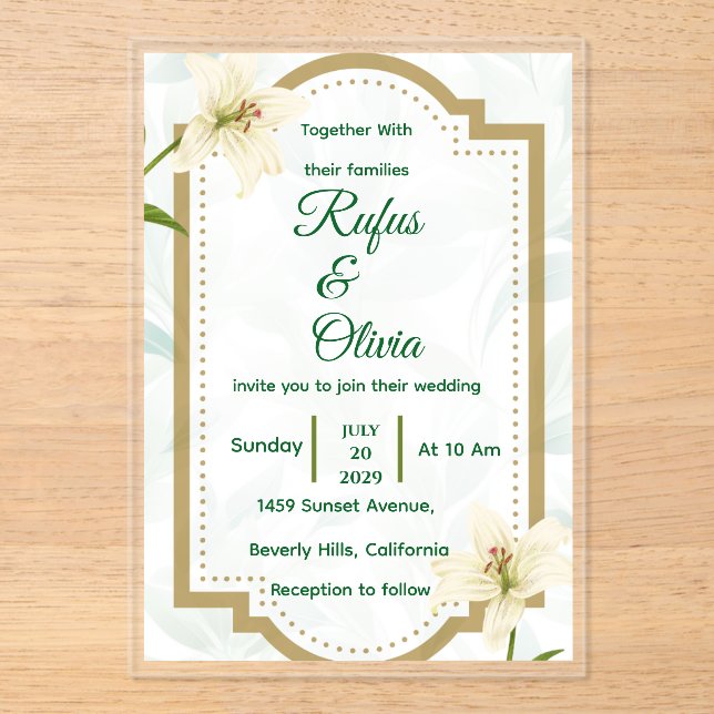 Elegant Floral Wedding Invitation with Gold Frame  (Recto)
