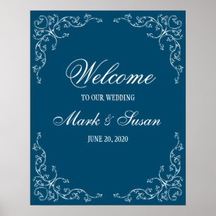 Elégant Flourish Ocean Blue Mariage Welcome Poster